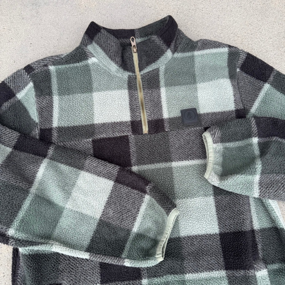 Volcom Mens Green Plaid Quarter Zip Fleece Pullover Size Small